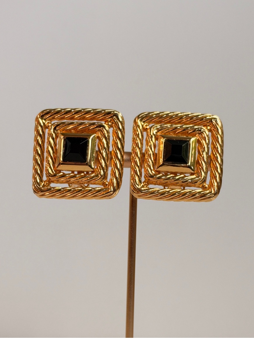 Vintage 1980s signed Les Bernard Gold and black Twisted Square Earring